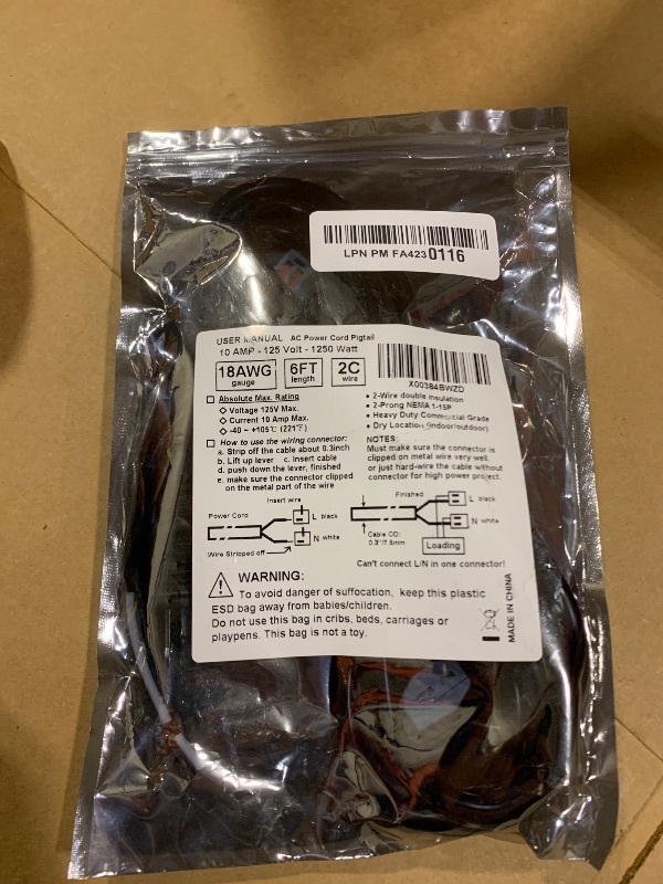 Photo 1 of 18AWG Replacement Power Cord Round Cable 2 Prong Polarized Plug 18 Gauge 120V Power Supply Cord SJT 18AWG 6 Foot Pigtail 2 Wire Stripped Off 10A 1250W Black Cord Open End Wire AC