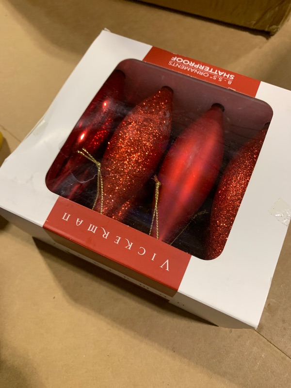 Photo 1 of 8ct Red Hot Shatterproof 4-Finish Finial Drop Christmas Ornaments 5.5"