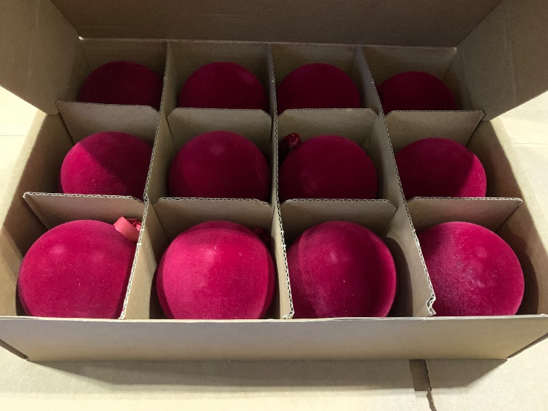 Photo 1 of 12 Pcs Velvet Christmas Balls Bulk Shatterproof Plastic Christmas Tree Decorations for Decorative Hanging Baubles (12, Wine red, 2.36Inch)