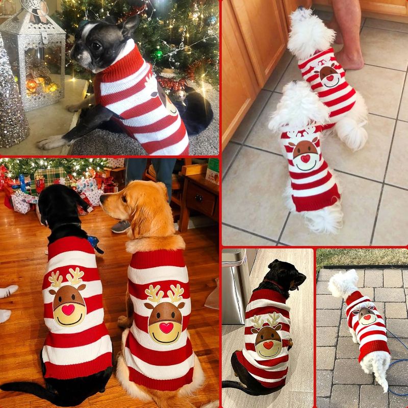 Photo 1 of AXIIJGL Christmas Sweaters for Dogs Reindeer Dog Fleece Striped Dog Winter Clothes Holiday Sweater for Cats with Leash Hole Christmas Clothes size small