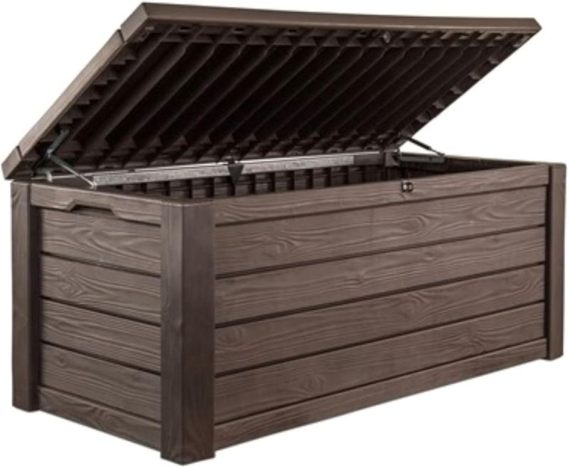 Photo 1 of ACTUAL PRODUCT SIMILAR TO STOCK IMAGE BUT NOT THE SAME**************** Keter Westwood 150 Gallon Deck Box Organizer, Doubles as 2-Person Bench Seat, Brown – Large Resin Outdoor Storage and Seating with Lockable Lid for Garden, Pool, and Patio