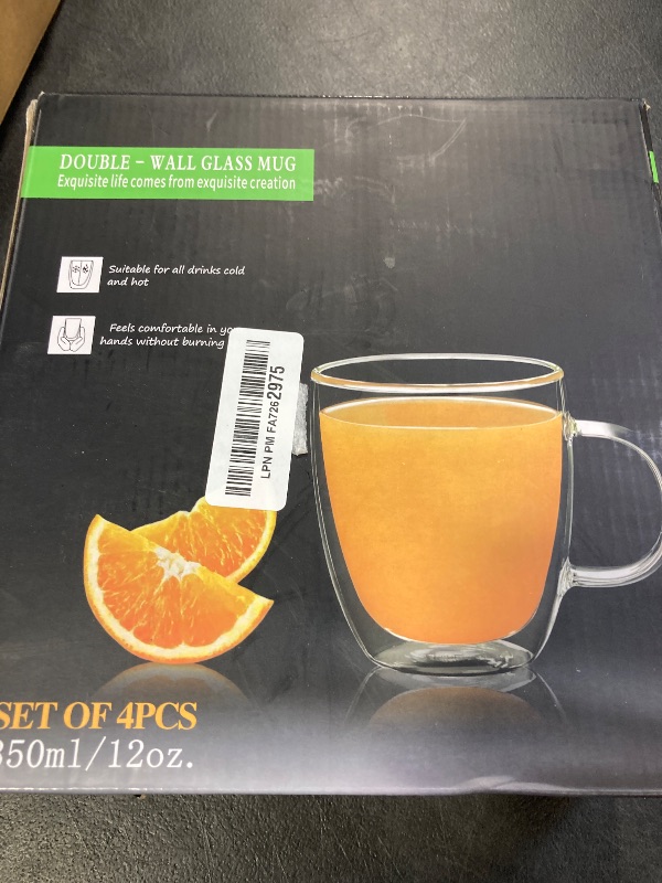 Photo 1 of CNGLASS Large Glass Coffee Mugs 12oz,Double Walled Insulated Cappuccino Mug with Handle, Set of 4