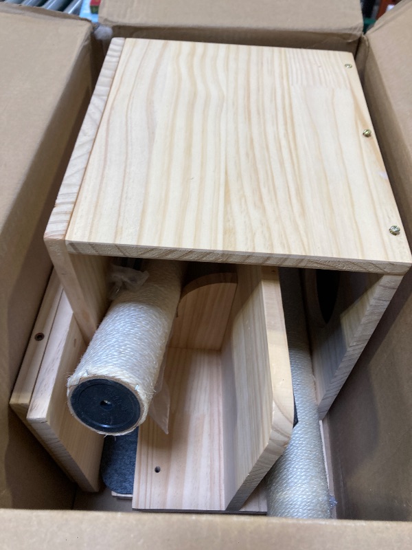 Photo 1 of Wall Mounted Cat Tree 47” Tall, Cat Activity Tree Tower Set: Scratching Post, Climbing Step and Interior Bed Area, Wooden Handcrafed Cats Wall Shelves for Sleeping Playing Lounging Perching