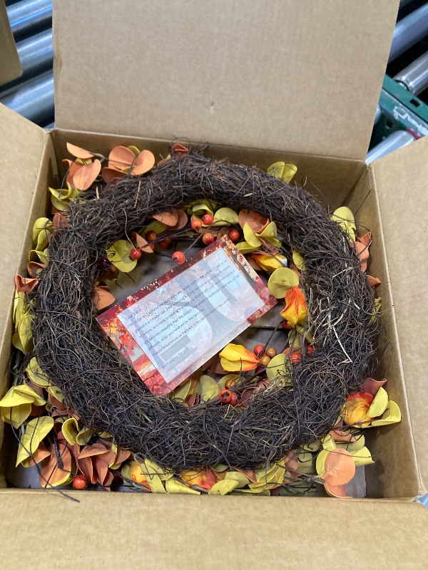 Photo 1 of 24 Inch Fall Wreath for Front Door Berry Autumn Wreath with Yellow and Orange Leaves, Large Grapevine Wreaths for Fall Door Decor Farmhouse Wall Window Home Decoration