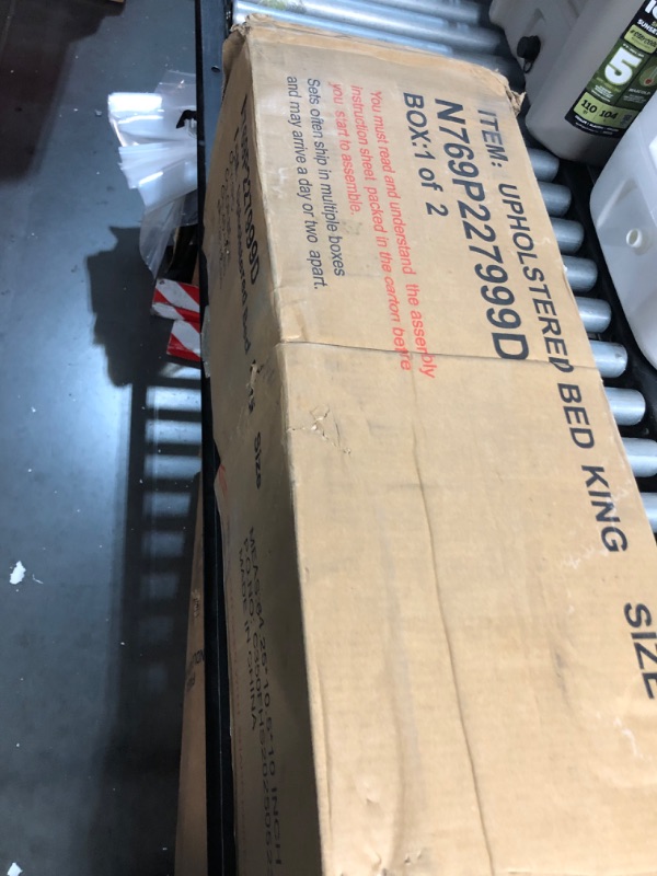 Photo 1 of ***PARTIAL SET - PRICE ADJUSTED***Allewie King Size Platform Bed Frame with Fabric Upholstered Headboard and Wooden Slats Support, Fully Upholstered Mattress Foundation/No Box Spring Needed/Easy Assembly, Beige 1 of 2 