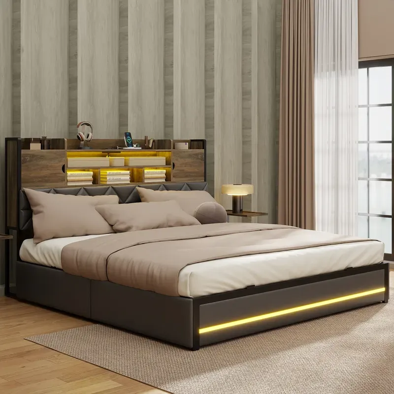 Photo 1 of *************INCOMPLETE ITEM, THIS IS ONLY BOX #2 OUT OF 2 TOTAL************
Modern Queen Size Upholstered Bed Frame with Storage Headboard and RGB Lights