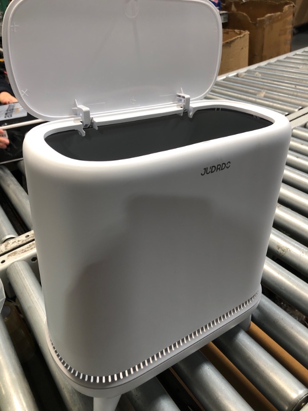 Photo 1 of (does not stay closed)(see all images) JUDRDO Bathroom Trash Can with Lid, Vacuum Adsorption Small Garbage Can 3.2 Gallon Press Top Lid Trash Bin with Legs
