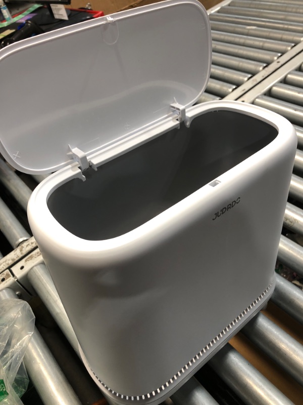 Photo 1 of (does not stay closed)(see all images) JUDRDO Bathroom Trash Can with Lid, Vacuum Adsorption Small Garbage Can 3.2 Gallon Press Top Lid Trash Bin with Legs
