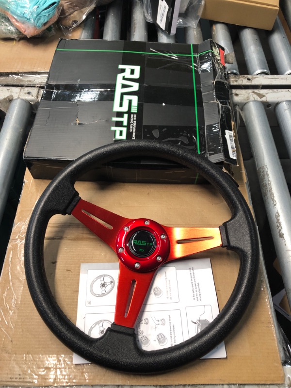 Photo 1 of ***MISSING HARDWARE///COSMETICS***
RASTP Universal Racing Steering Wheel 13.8”/350mm 6 Bolts Grip Vinyl Leather & Aluminum with Horn Button for Car -Red