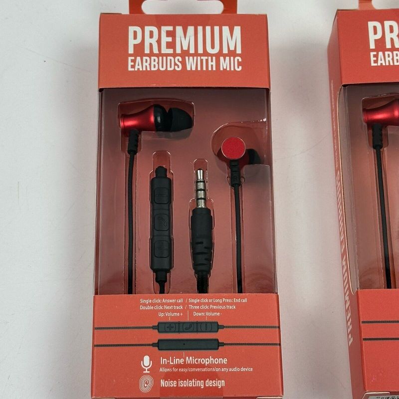 Photo 1 of (2) Premium 35mm Wired Earbuds Headphones - Red with in Line Microphone

