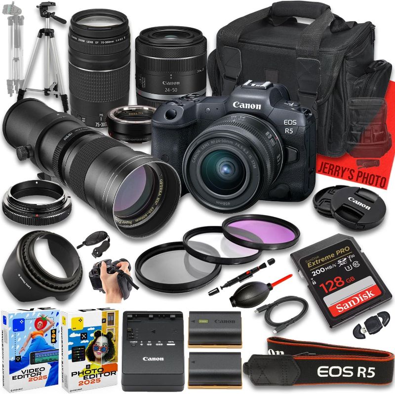 View 1 of *missing 2 lens and a battery* see photos for contents* Canon EOS R50 Mirrorless Camera with RF 24-50mm f/4.5-6.3 IS STM And EF 75-300mm f/4-5.6 III & 420-800mm f/8 Lens + Mount Adapter + 128 GB Memory + Extra Battery + More (28pc Bundle)
