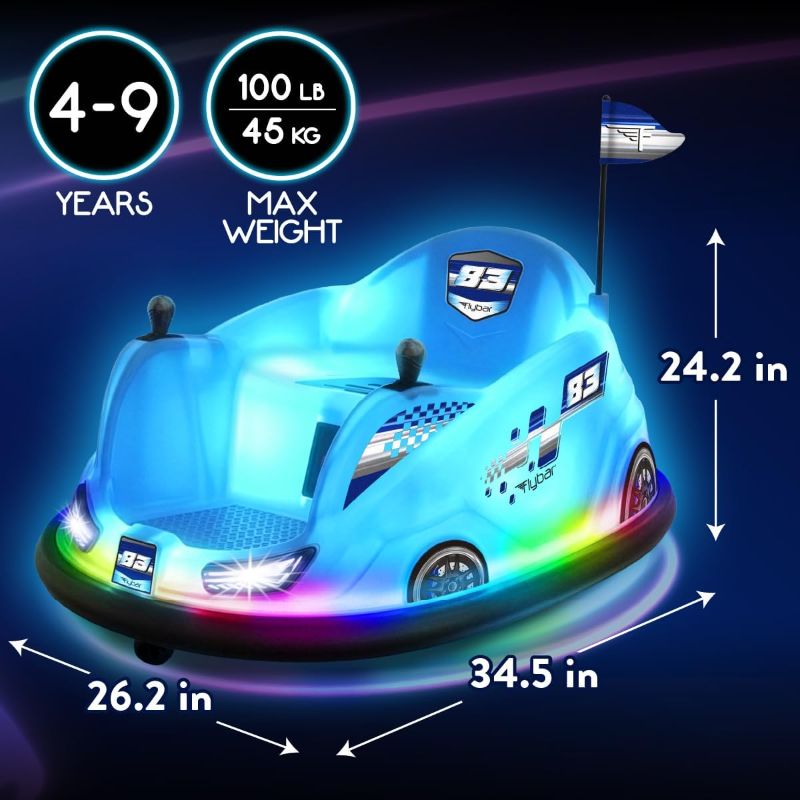 Photo 1 of *** PARTS ONLY *** Flybar 6V Glow Bumper Car Ride On Toy - Indoor/Outdoor Toys, Toddler Toys, Bumper Cars, Kids Electric Car, w/ 360° Spins, Multi-Color LED Lights, Max Weight of 100lbs, Age 4-9yrs, Blue ** missing seat cover and charger **
