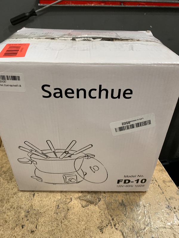 Photo 1 of ***(HEAVILY USED/ MINOR DAMAGE)***Saenchue 3-Quart Electric Fondue Pot Set – Stainless Steel Fondue Pot with 8 Color-Coded Forks, 3-Mode Adjustable Temperature Control for Cheese, Chocolate, Oil, and Hotpot, Model FD-10B