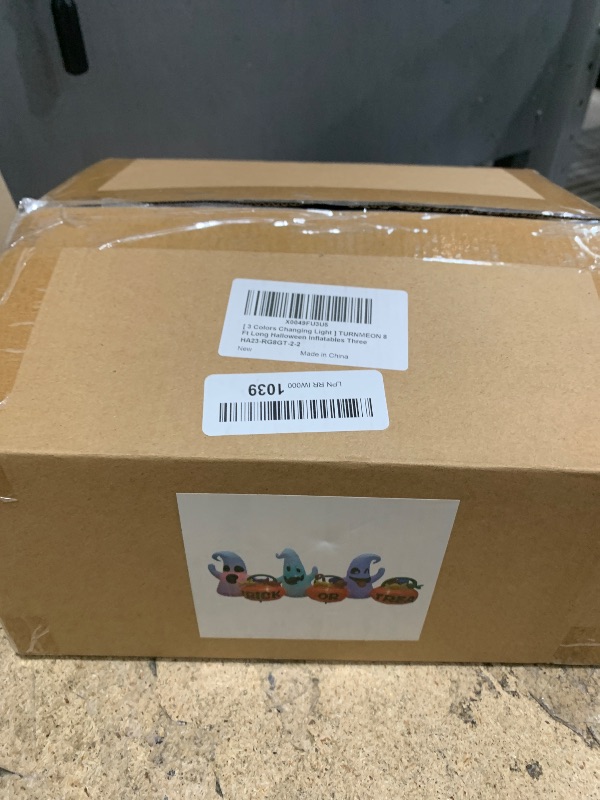 Photo 1 of [ 3 Colors Changing Light ] TURNMEON 8 Ft Long Halloween Inflatables Three Ghosts with Pumpkin Candy Bags Halloween Decorations Outdoor Build-in LED Light Blow Up Halloween Decor Yard Party Garden