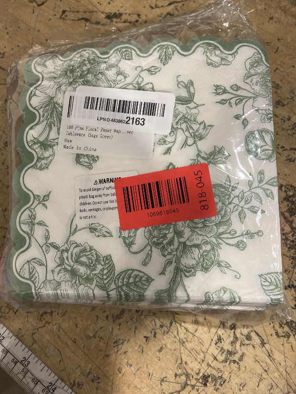 View 2 of 100 Sage Green Floral Paper Napkins Green & White Flowers Disposable Party Napkin 6.5" Scalloped Edge Toile Bouquet Hand Towels for Birthday Bridal Baby Shower Tableware