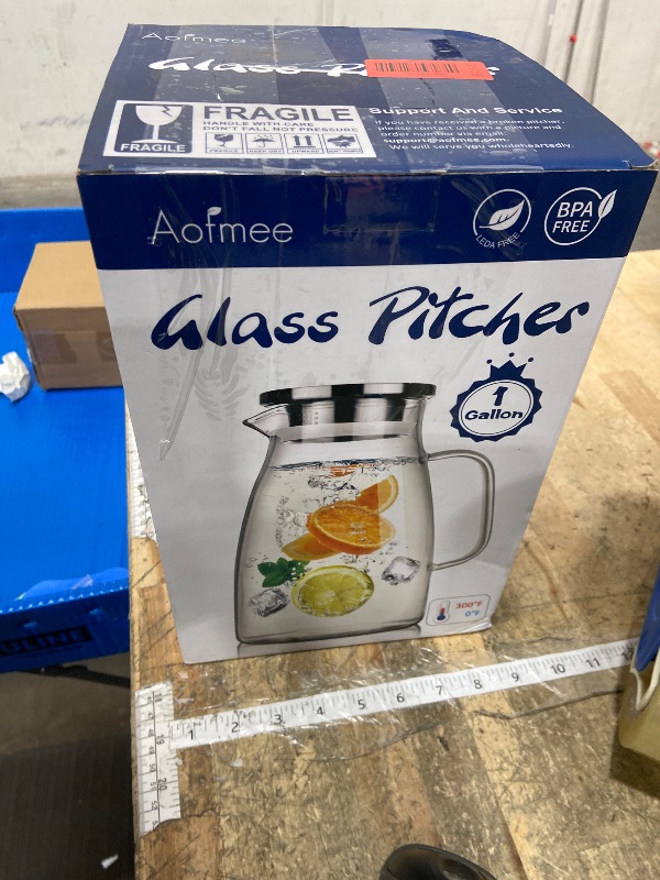 Photo 1 of 1 Gallon 128oz Glass Pitcher, Water Pitcher with Lid and Spout, Glass Carafe for Hot/Cold Drink, Water Jug for Iced Tea, Coffee, Juice, Milk, Beverage (Extra-Wide Mouth)