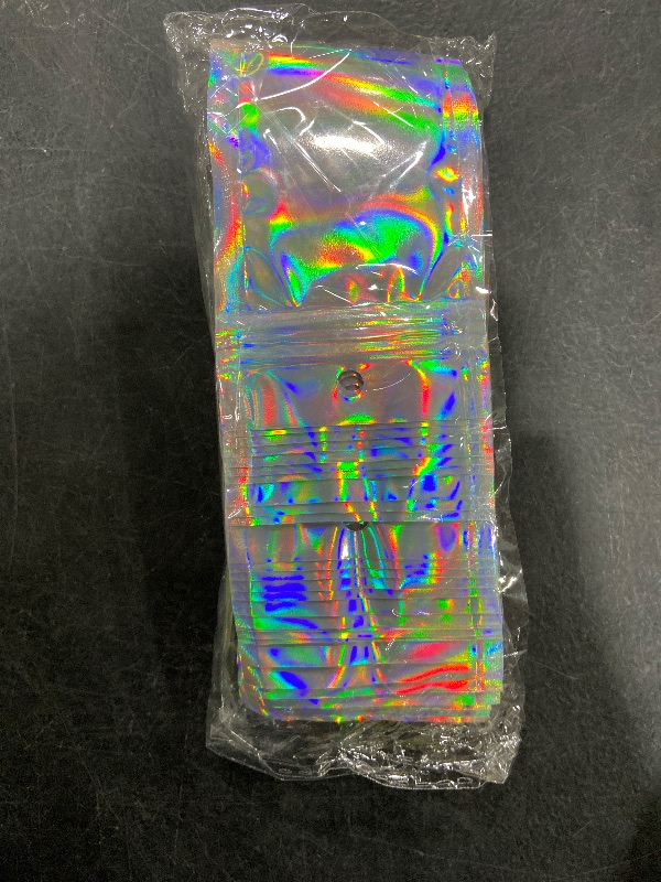 Photo 1 of 100 Pack Mylar Bags with Clear Window,Food Storage Smell Proof Bags,Scratch Resistant Hand Holographic Packaging,Resealable Bags for Small Bussiness Cookies Candy Sample (Holographic, 2.24*3.74 inch)