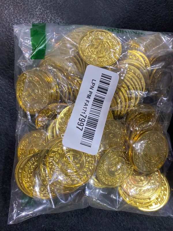 Photo 1 of 100 Count Plastic Gold Coins Set, Pirate Treasure Gold Play Coins for Kids Party Theme Props Decorations, Lucky Draw Games Treasure Hunt