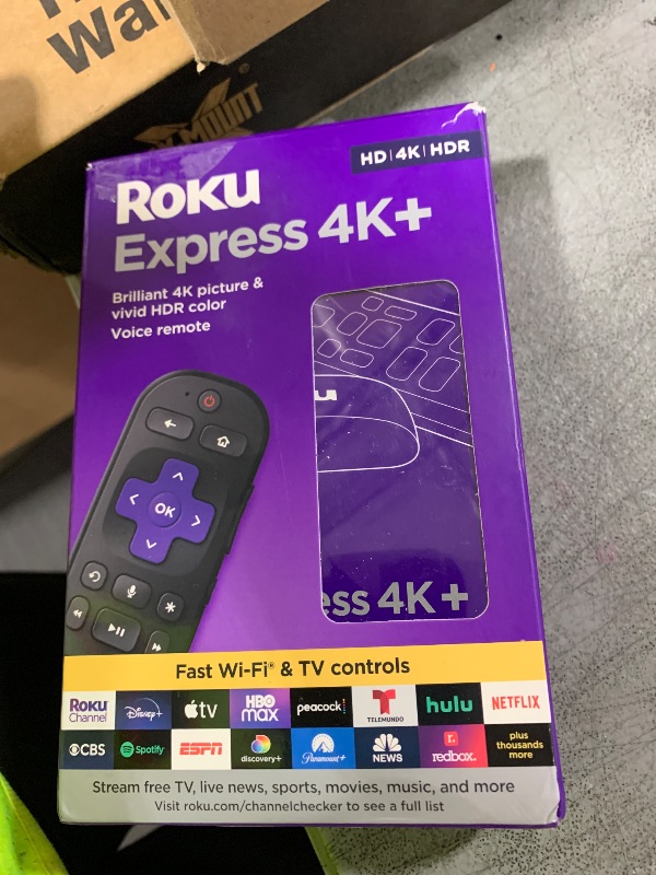Photo 1 of Roku Express 4K+ | HD/4K/HDR Streaming Device with Voice Remote, TV Controls, Fast Wi-Fi, Premium HDMI Cable, and Easy Setup