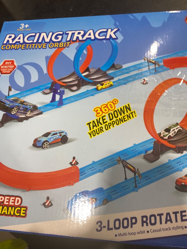 Photo 1 of ?Slot Car Race Track Sets with 360° Thrill Loops & 4 High-Speed Cars, 64 Pcs Large Flexible Racing Track for Kids Ages 3-5 4-8 8-12, Race Car Toys Gift for Boys Girls Birthday Christmas