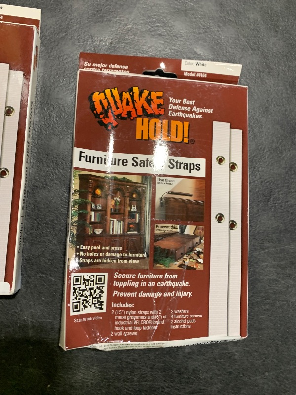 Photo 1 of Quakehold! Furniture Strap Kit, Earthquake Fasteners for Disaster Preparedness, Child Proof Safety Straps for RV, Home Office, Helps Prevent Damage and Injury, Easy to Install, White