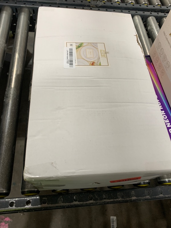 Photo 1 of KIRE 200PCS Gold Plastic Plates - Disposable Plates for Party - White Plastic Plates with Gold Rim Include 100 for Dinner and 100 for Dessert/Salad in Wedding/Valentine's Day/New Year