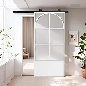 Photo 1 of 34x84 in Tempered Frosted Glass Barn Door with Barn Door Hardware Kit Aluminum Alloy Sliding Door 3-Panel Tempered Frosted Glass, Pre-Drilled Holes Assemble Required Easy Installation