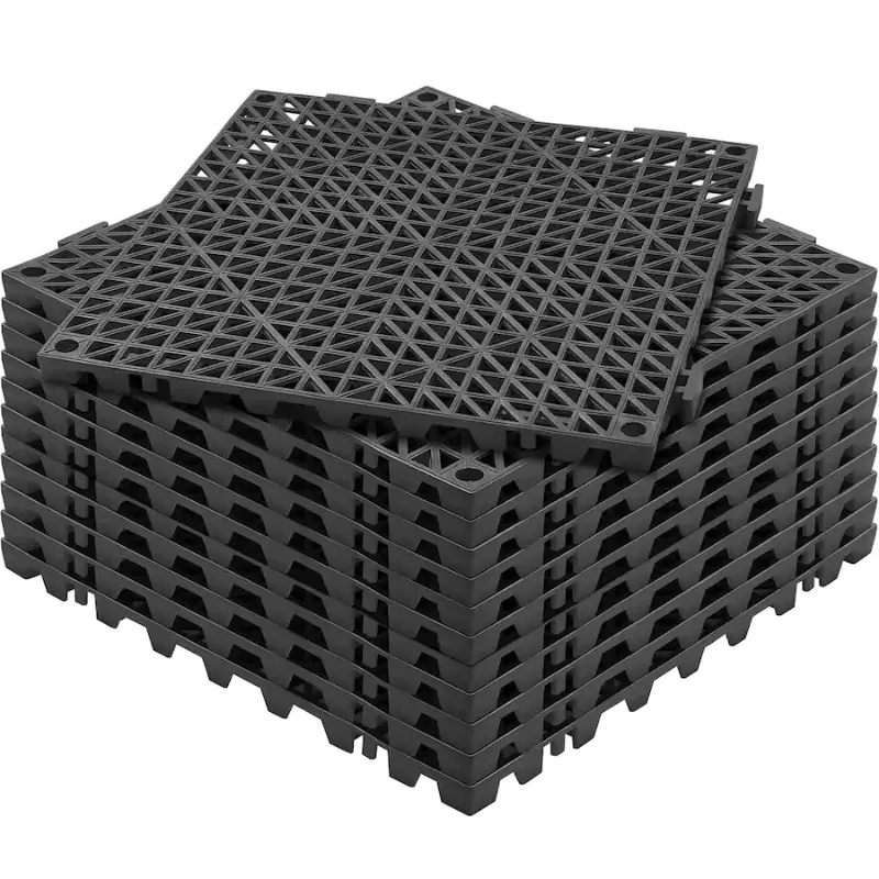 Photo 1 of interlocking Drainage Mat, 12” x 12” Modular Interlocking Cushion, Splicing Drainage Mats, Non-Slip Black PP Drainage Floor Tile and Shower Mat, for Garage, Garden, Kitchen & Outdoor