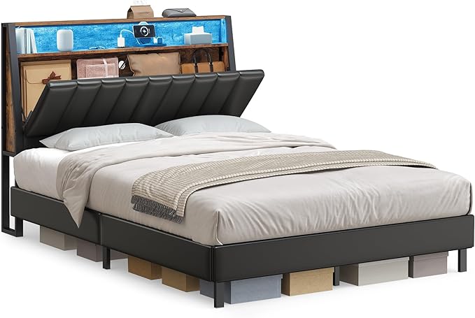 Photo 1 of VASAGLE LED Bed Frame Full Size, Storage Headboard and Charging Station, Full Bed Frame with 2 AC Outlets, 1 USB Port, 1 Type-C Port, No Box Spring Needed, Ink Black and Rustic Brown URMB842B01