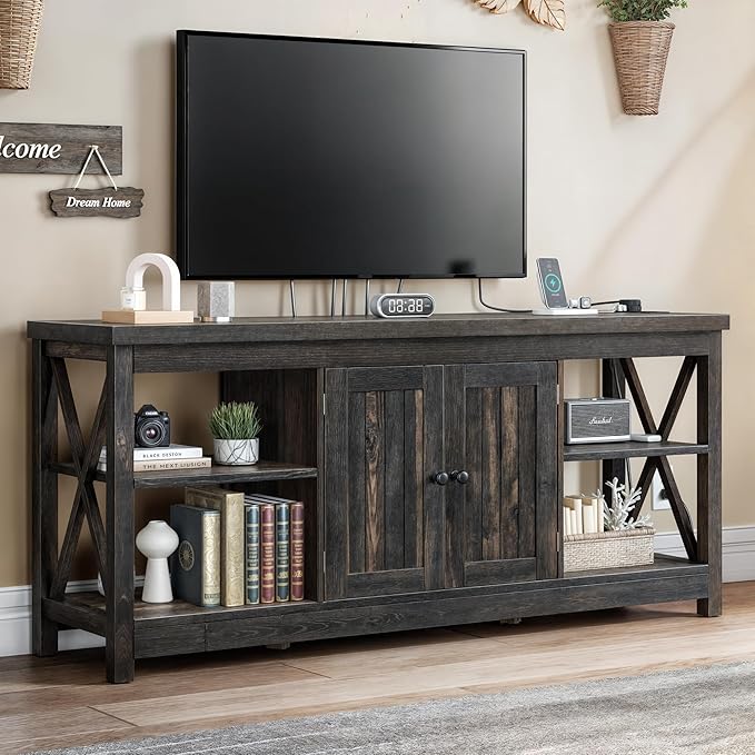 Photo 1 of TV Stands for Living Room, Modern Entertainment Center, Farmhouse Media Console TV Cabinet with Adjustable Shelf & Open Shelves, White