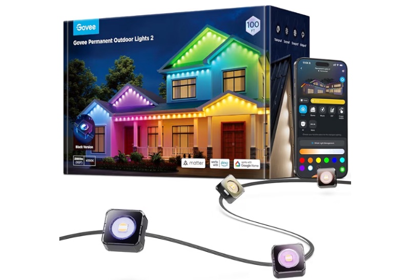 Photo 1 of Govee Permanent Outdoor Lights 2, 100ft RGBIC Outdoor Lights with 72 LED Lights, IP67 Waterproof, 100 Scene Modes with 40lm White for Outdoor Decorations, Works with Alexa, Google Assistant, Black