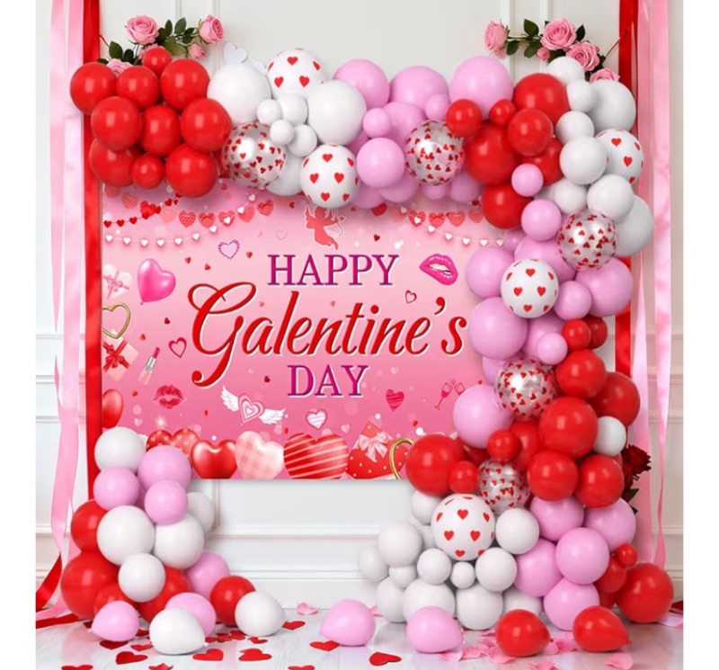 Photo 1 of AIBIIN 104 Pcs Galentines Day Decorations Happy Galentine's Day Balloons Garland Arch Kit with Backdrop Red Pink Galentine Day Party Balloon Arch Party Decorations Supplies