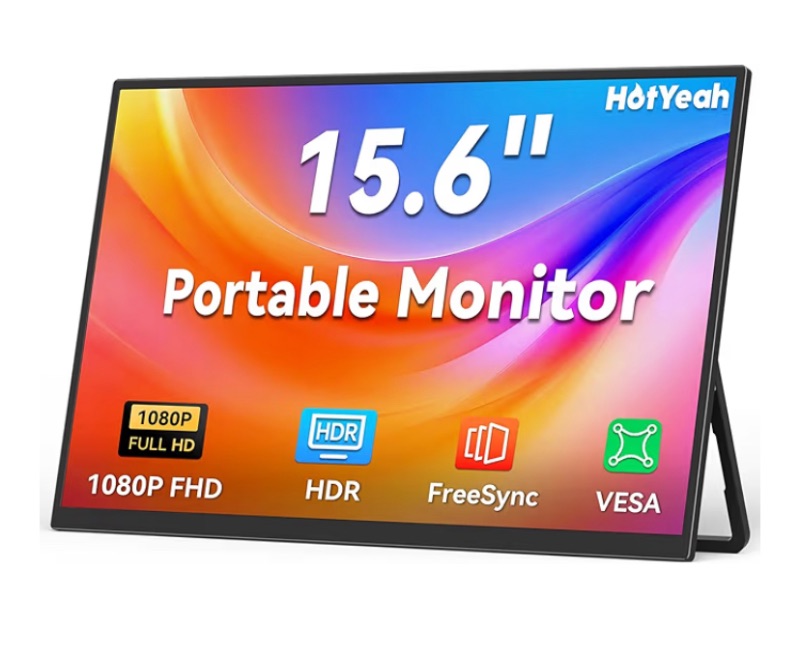 Photo 1 of HotYeah Portable Monitor, 15.6-in 1080P FHD Laptop Monitor USB-C HDMI External Computer Display HDR FreeSync IPS w/Kickstand & Speaker, 2nd Screen for Laptop PC Mac Phone Tablet Switch PS5 Xbox