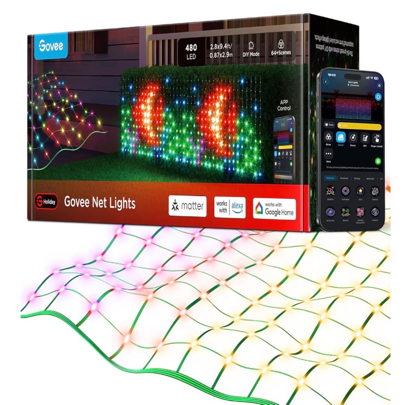 Photo 1 of Govee Outdoor Net Lights, 2.8*9.4ft with RGBIC and DIY Functions, 480 LEDs Smart Net Lights with 64 Modes for Bush Patio Decor, Compatible with Alexa & Google Assistant, Outdoor Waterproof, Green Wire