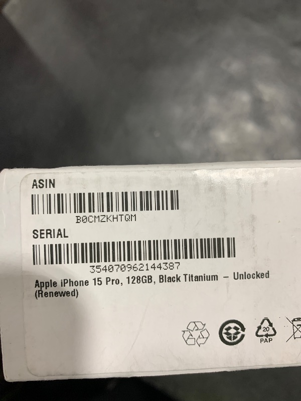 Photo 1 of Apple iPhone 15 Pro, 128GB, Black Titanium - Unlocked (Renewed)