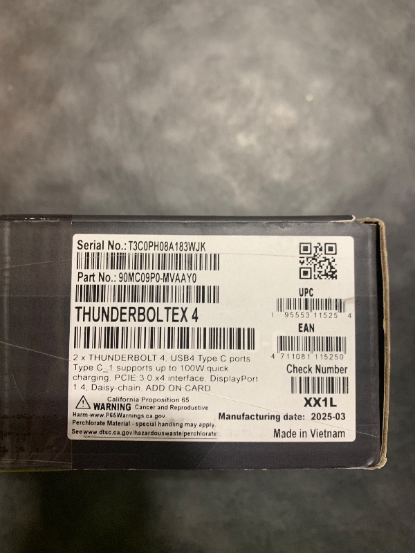 Photo 1 of ASUS ThunderboltEX 4 with Intel® Thunderbolt™ 4 JHL 8540 Controller, 2 USB Type-C Ports, up to 40Gb/s bi-Directional Bandwidth, DisplayPort 1.4 Support, up to 100W Quick Charge, Black