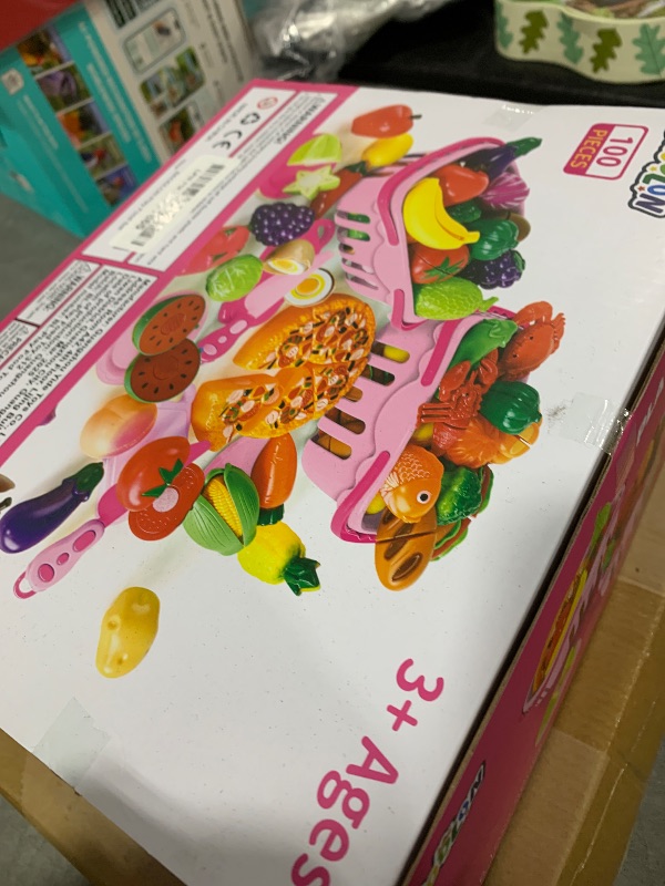 Photo 1 of 100 Pcs Play Food Set for Kids Kitchen, Pretend Food Toy for Toddlers, Play Kitchen Toys Accessories with 2 Baskets, Cutting Fake Food/Fruit/Vegetable, Christmas Birthday Gifts for Boys and Girls