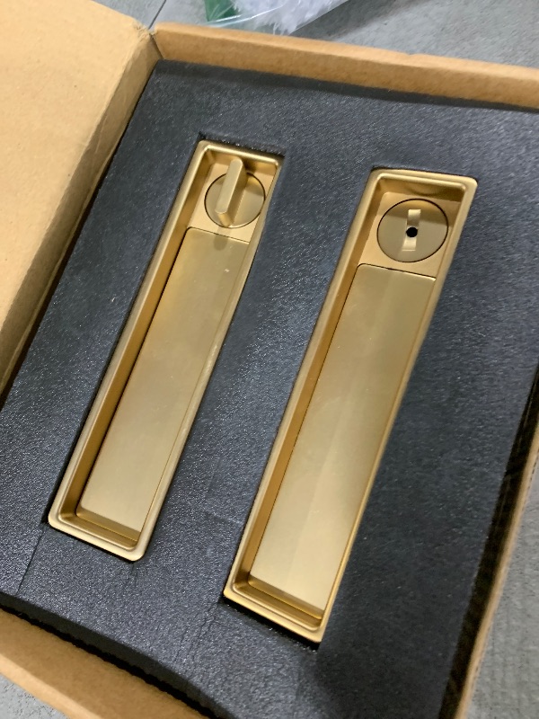 Photo 1 of Pocket Door Lock Hardware Set - Privacy Handle with Hidden Pull & Recessed Latch, Fit for 1 9/16" to 2" The Thick of Wooden Doors (Rectangular Gold)