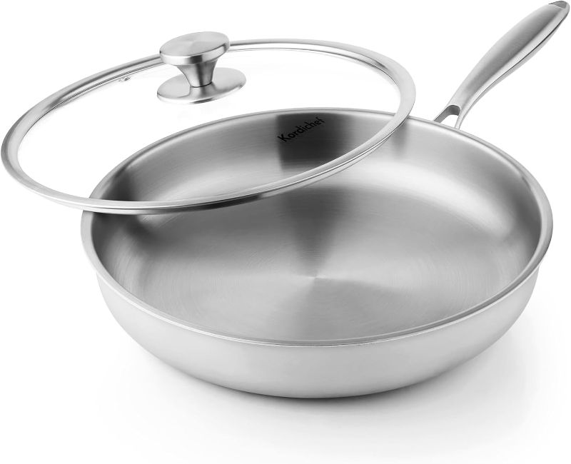 Photo 1 of 12 Inch Stainless Steel Frying Pan with Lids, Healthy Stainless Steel Skillet, Works on Induction, Ceramic and Gas Cooktops, PFOA Free Cookware, Dishwasher and Oven Safe, Stay-Cool Handle