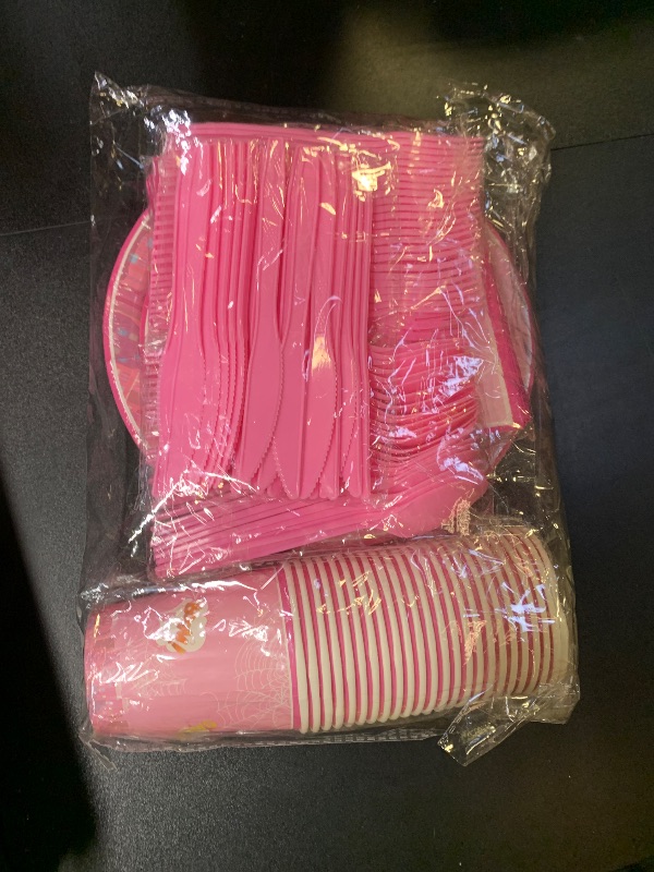 Photo 1 of 168pcs Super Girl Birthday Party Supplies - Spider Pink Ghost Gwen Plates Napkins Cups Paper Disposable Tableware Decorations for 24 Guests