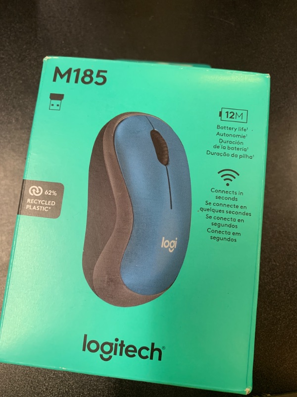Photo 1 of Logitech M185 Wireless Mouse, 2.4GHz with USB Mini Receiver, 12-Month Battery Life, 1000 DPI Optical Tracking, Ambidextrous, Compatible with PC, Mac, Laptop - Blue