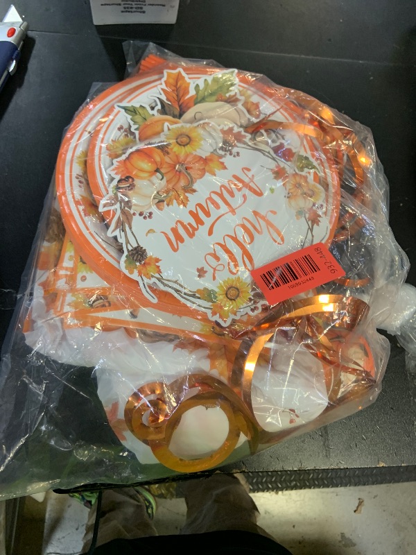 Photo 1 of 123PCS Autumn Party Supplies for Thanksgiving Themed Fall Pumpkin Decoration Tableware Set with Tablecloth and Banner Leaves Harvest Dessert Plates Napkins Cups Set for 20 Guests
