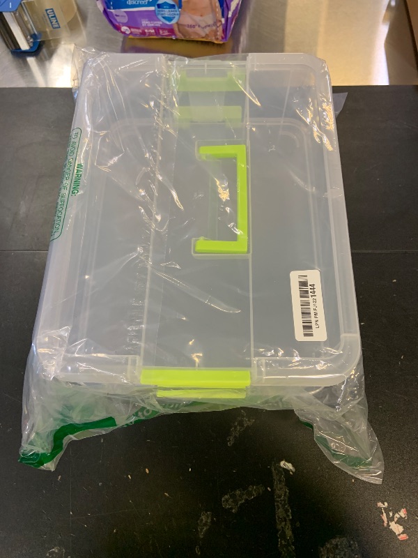 Photo 2 of JUXYES 2-Tiers Stack Carry Storage Box With Handle, Transparent Stackable Storage Bin With Handle Lid Latching Storage Container for School & Office Supplies (Green)