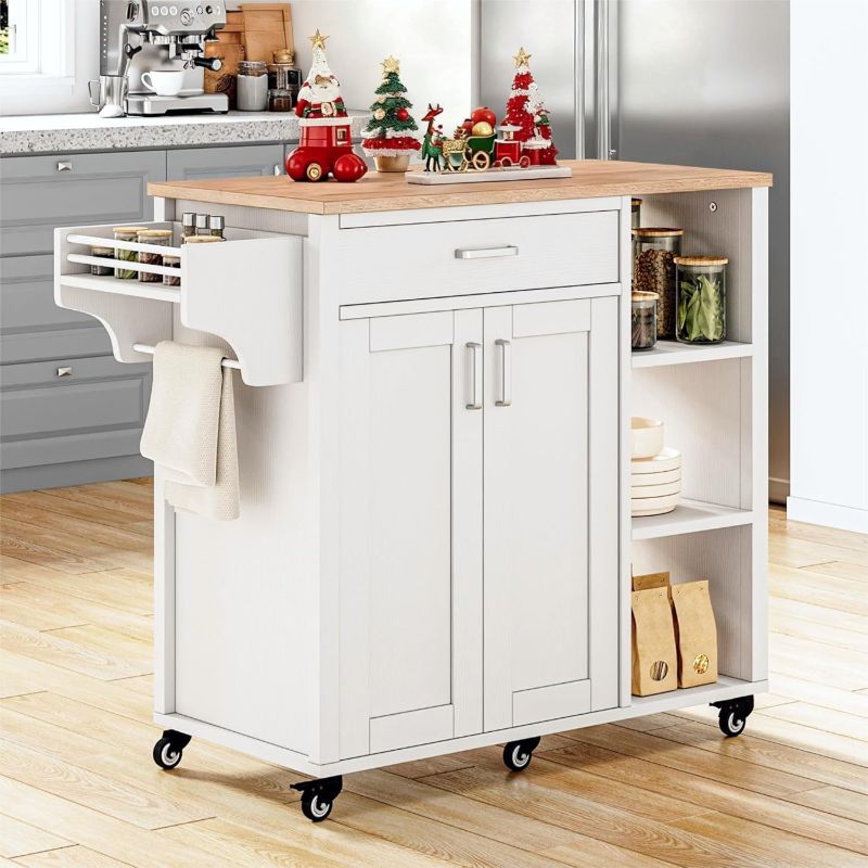 Photo 1 of *MISSING PIECES** YITAHOME 37" Rolling Kitchen Island Cart with Storage, Butcher Block Island on Wheels, Mobile Kitchen Storage Carts with Shelves & Spice Rack, White