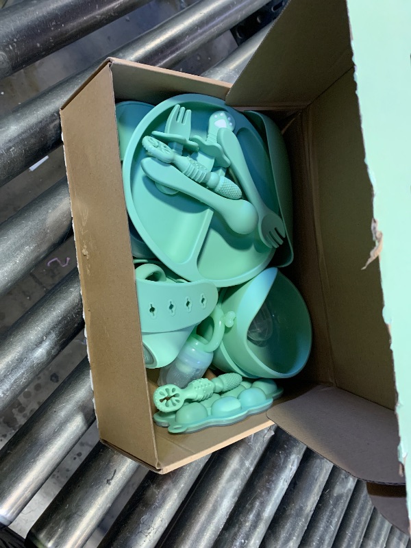Photo 1 of 16 Pack Silicone Baby Feeding Set, BPA-Free Baby LED Weaning Supplies, Include Suction Plates, Baby Bowls, Silicone Fork & Spoon, and More, First Stage Baby Food Eating Utensils - 6+ Months(Green, 16)