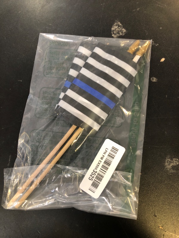 Photo 1 of 12 Pack 4 x 6 Inch Thin Blue Line Flag Small American Flag, Hand Held Wood Stick Flags with Kid-Safe Spear Top, Mini Outdoor Garden Decoration