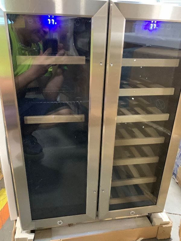 Photo 1 of ***FINAL SALE, VIEW NOTES*** EUHOMY Wine and Beverage Refrigerator, 24 Inch Dual Zone Wine Cooler with Glass Door Hold 21 Bottles and 88 Cans, Built in or Under Counter Wine Fridge with Blue LED Light***MISSING HANDLE BARS***