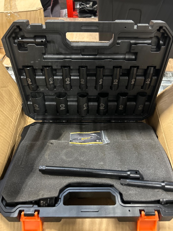 Photo 1 of **MAJOR DAMAGE**
**SEE CLERKNOTES**
**Partial Set**
BOEN 1/2" Drive Impact Socket Set, 72 Piece Standard SAE (5/16"-1-1/4") & Metric (8-24 mm), Deep & Shallow Kit | Includes Ratchet Handle & Adapters | 3 ", 5", 10" Extension Bar