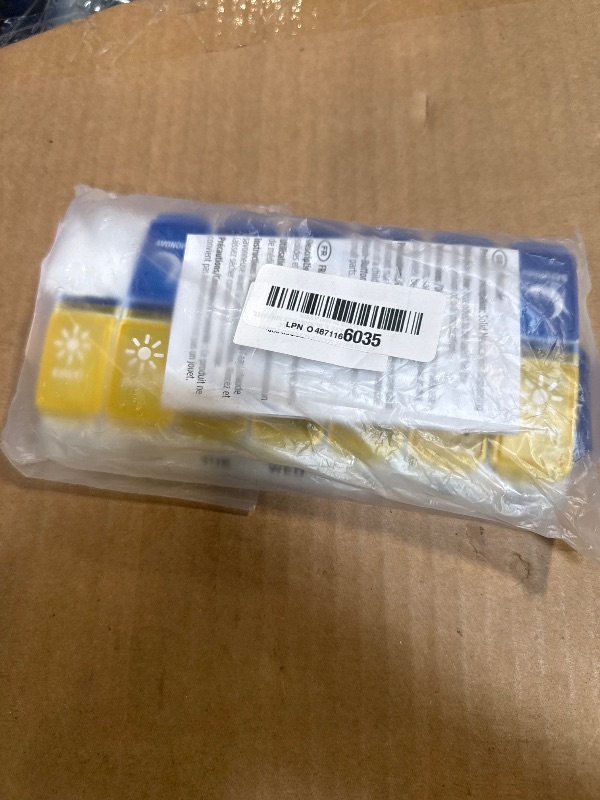 Photo 1 of ***MAJOR DAMAGE*** EZY DOSE Weekly (7-Day) AM/PM Pill Organizer, Daily Vitamin Container and Medicine Box, Large Pop-Out Compartments, Designed for Travel, 2 Times a Day, Blue and Yellow Lids