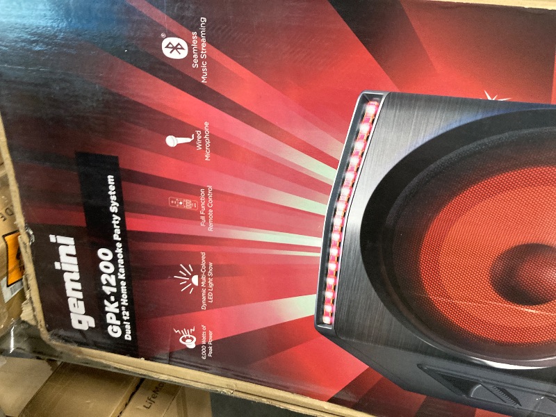 Photo 1 of *MISSING PARTS*
Gemini 6000W Peak Power Bluetooth Karaoke Party Speaker System with Dual 12" Woofers, LED Lights, Mic, Guitar Input, DJ Effects, USB Recording & Remote Control (GPK-1200)